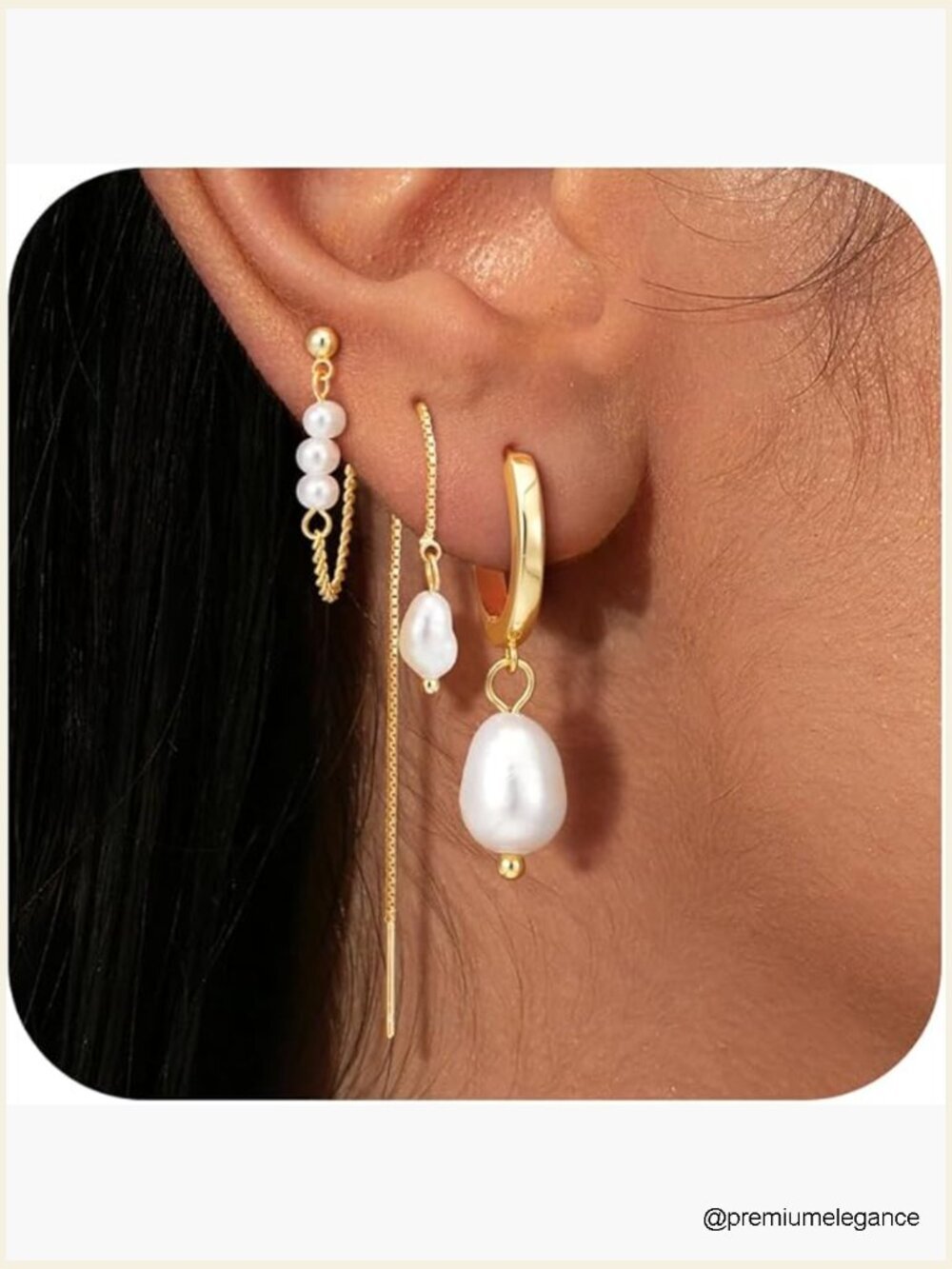 14K Gold Plated Pearl Earring Set - Hoop, Threader & Stud Dangle